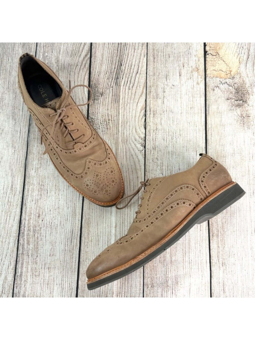 Cole Haan Mens Morris Wing Tip Oxfords Taupe Nubuck Leather Classic Brogue 9.5M